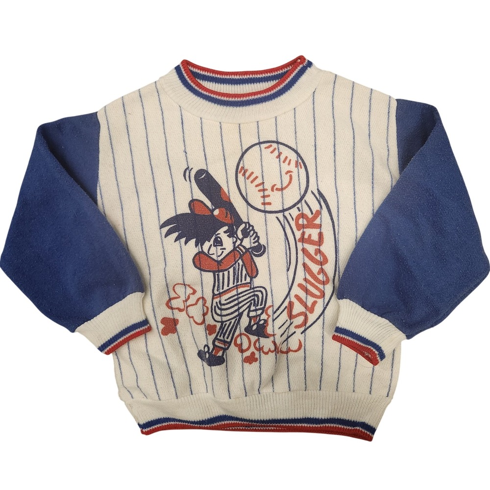 60s Tiny Tots Knitting Baseball Slugger Sweater Kids Size 4 Blue Red